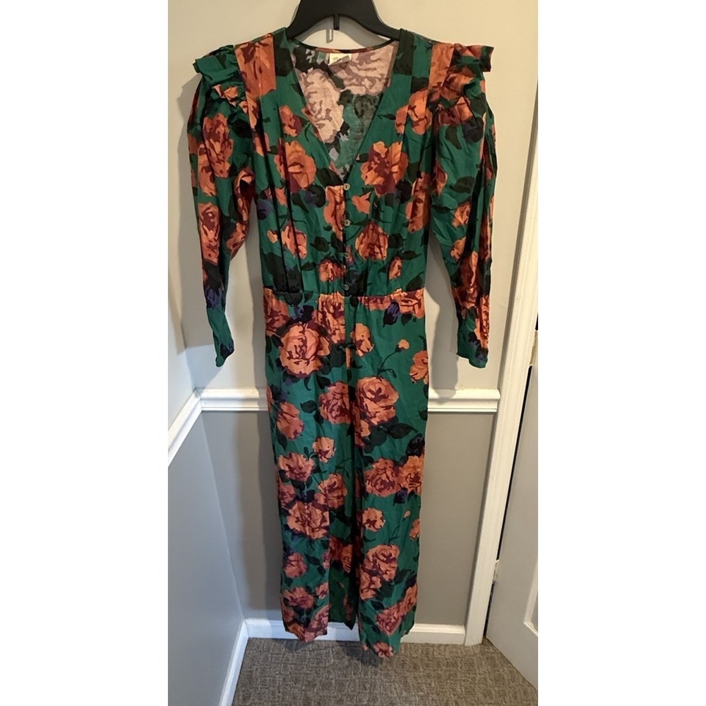 Anthropologie Plenty by Tracy Reese Floral Jumpsuit ruffled shoulder Long Sleeve